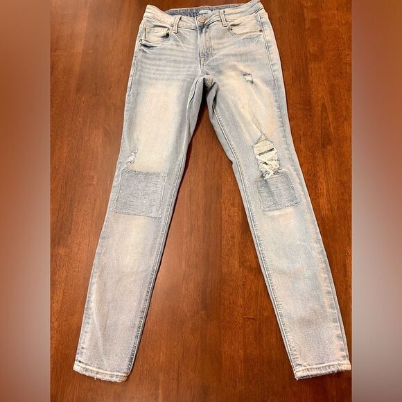 Old Navy Mid Rise Light Wash Distressed Patch Knee Super Skinny Jeans Women 0 - Picture 2 of 8